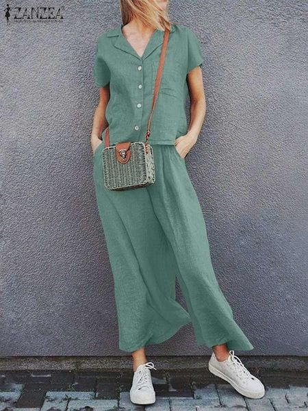 

pants zanzea women 2022 2pcs suits matching sets summer wide leg pants sets lapel neck short sleeve blouse elegant ol, White