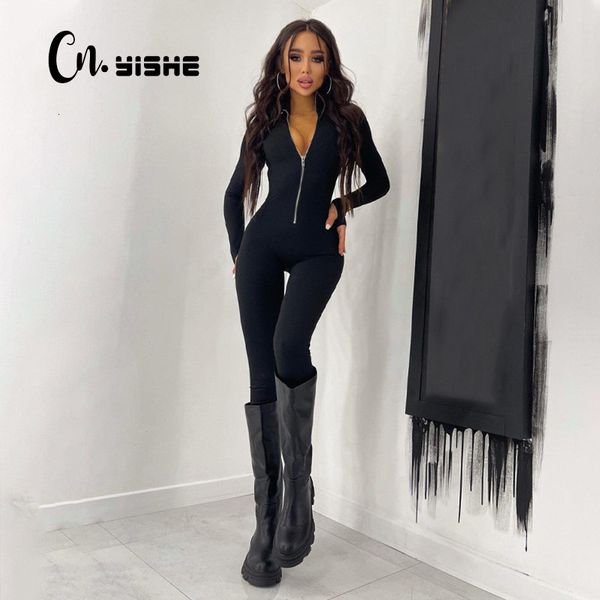 

women's jumpsuits rompers cnyishe fitness outfit female casual sporty workout zipper jumpsuit women rompers long sleeve skinny activity, Black;white