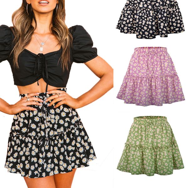 

skirts ladies floral bohemiea mini skirt summer little daisy printed pleated aline jupe laceup loose fashion vacation female skirts 230504, Black