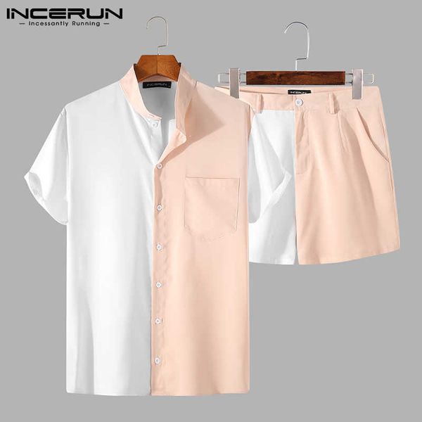 

men's casual shirts 2023 men patchwork sets streetwear stand collar short sleeve shirts beach shorts breathable men haiian suit 2 piece, White;black
