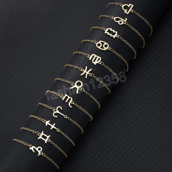 

12 constellation zodiac bracelet crystal charm gold color link chain bracelets for women wish card birthday jewelry gifts, Golden;silver