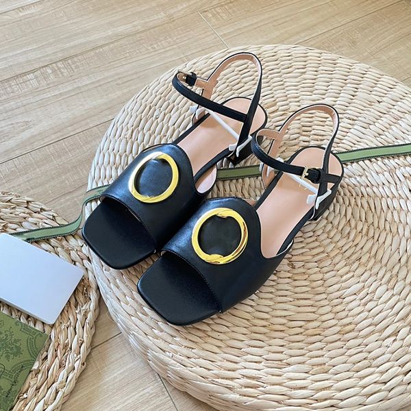 

designer womens sandals flat slippers genuine leather solid color hardware round buckle brand princess shoes adjustable ankle buckle outdoor, Black