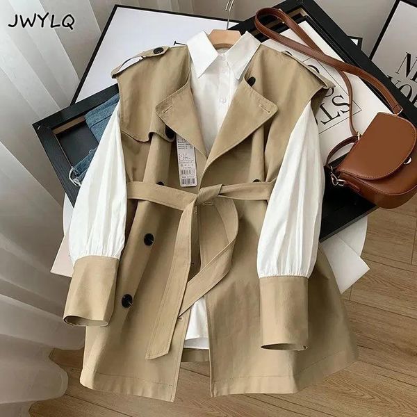 

leather office twopiece sets loose white long sleeves shirt+tie waist trench coat vest suit autumn singlebreasted tooling women suits, Black