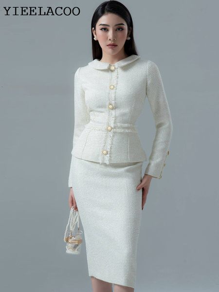 

two piece dress women's set white autumn/winter long-sleeved tassel ladies tweed jacket skirt suit fashion professional 2-piece set 230