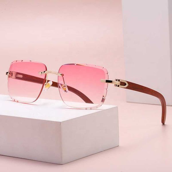 

new summer square frameless glasses hip hop design wooden frame buffalo horn rectangular pink rimless sunglasses 2022 women men, White;black