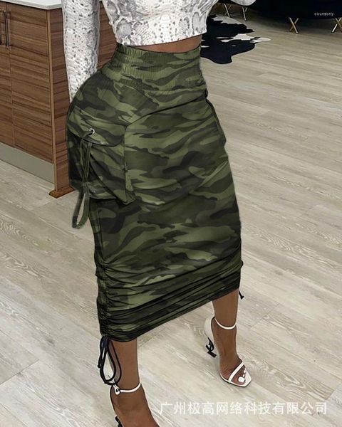 

skirts camouflage print pocket design ruched maxi skirt women spring summer high waist sheath ankle length, Black