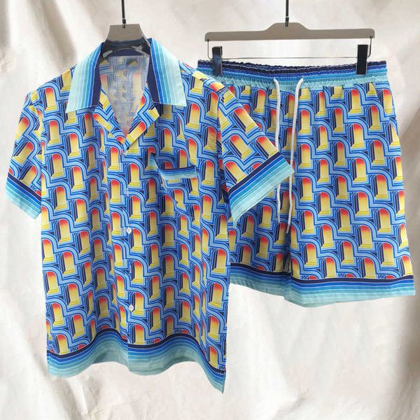 

men's casual shirts summer geometric print lapel contrasting shortsleeved shirt set streetwear shirt suit short for men casual set homm, White;black