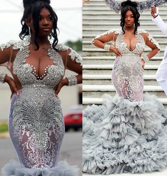 

2023 april aso ebi silver mermaid prom dress beaded crystals tulle evening formal party second reception birthday engagement gowns dress rob, Black