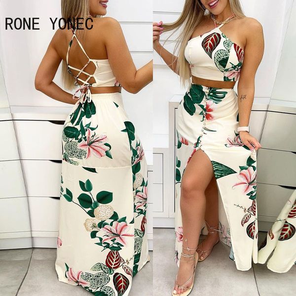 

two piece dress women casual sleeveless crop floral print halter lace up cris cross button high silt skirt maxi vacation sets 230504, White