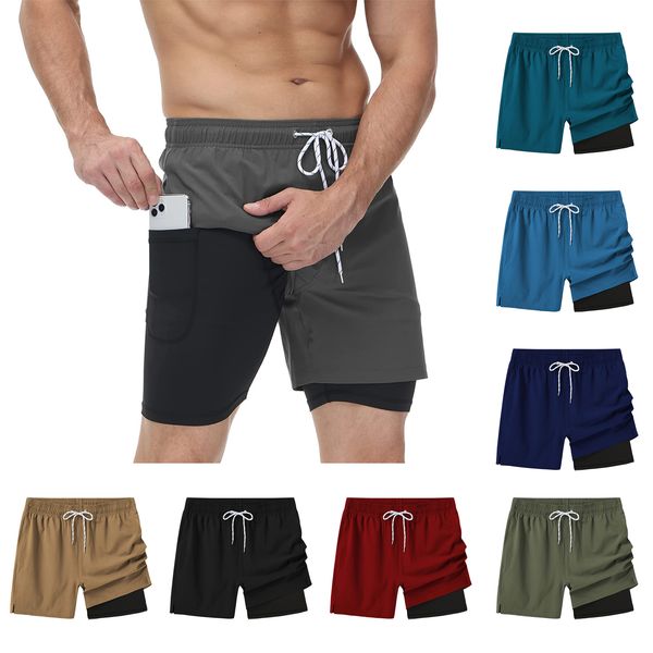 

men's shorts summer men's running shorts fitness gym training 2 in 1 sports double deck shorts male swimsuits surf beach swim spor, White;black
