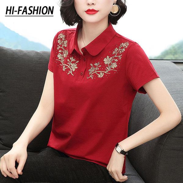 

polos hifashion summer office tshirts za woman 2022 lady casual short sleeve embroidery turndown collar tshirt tees, White