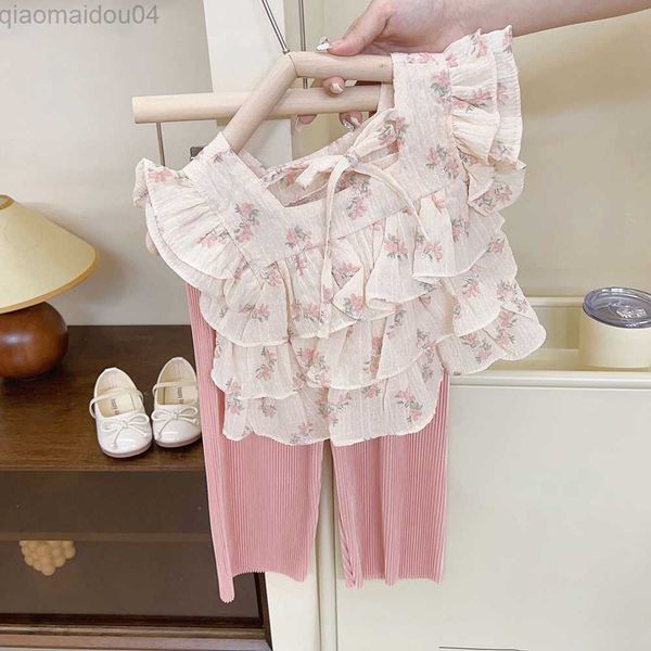 

clothing sets summer cute girls floral chiffon t-shirts clothes sets fashion square collar kids girl ruffles shirts +loose pants aa230504, White