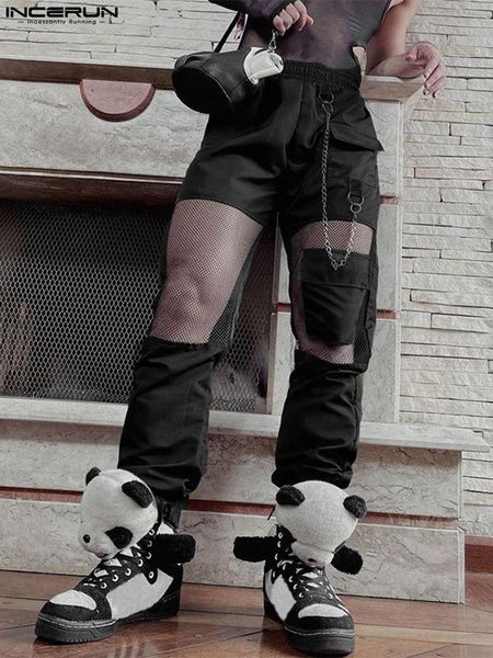 

pants incerun men pants mesh patchwork see through joggers elastic waist streetwear trousers men 2022 chain fashion pantalon s5xl 7, Black