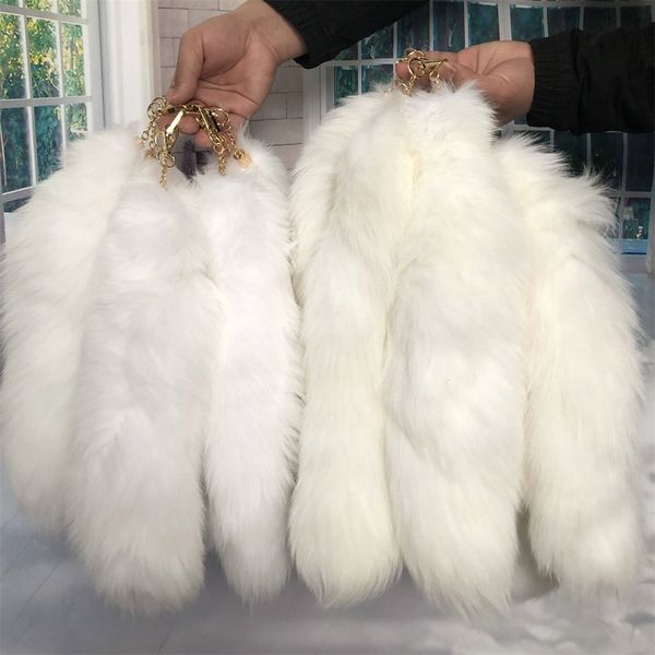 

10pcs/lot-40cm/16" real white fox fur tail keychain cosplay toy keyring handbag car phone pendant, Silver