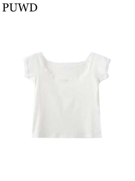 

t-shirt puwd cute girls soft cotton slim white tshirt 2022 summer fashion ladies solid color short sleeve crop lace women chic top