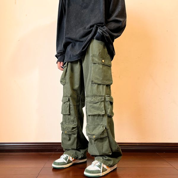 

men's pants cargo pants multi-pocket overalls harajuku men's retro loose wide-leg pants street casual hip-hop straight high waist, Black