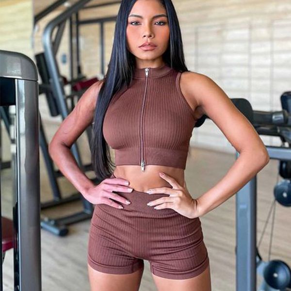 

womens two piece pants 2pc seamless yoga set shorts double zipper workout outfits sport running fitness gym clothes tracksuit 230504, White