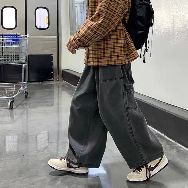 

men's jeans streetwear multi-pocket jeans cargo pantsloose plus size wide leg pants japanese harajuku casual denim pants men clothing 2, Blue