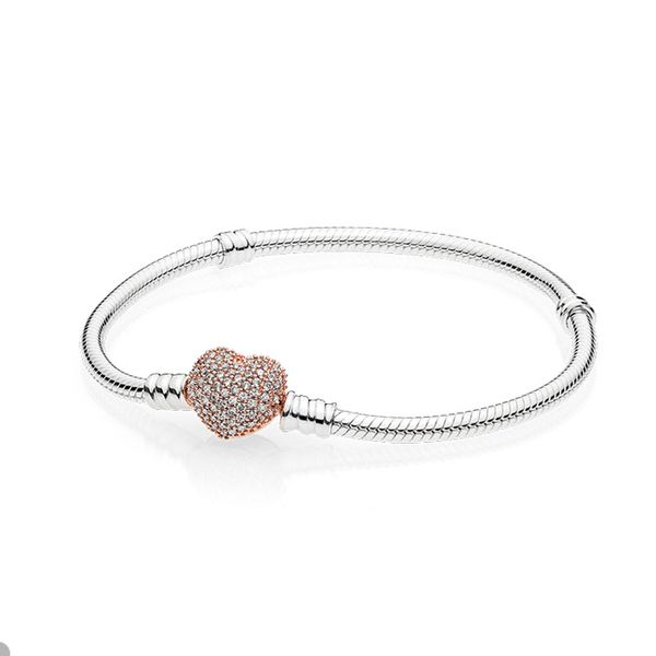 

pave heart clasp snake chain bracelet for pandora 925 sterling silver charm bracelets for women girlfriend gift wedding designer love bracel, Golden;silver