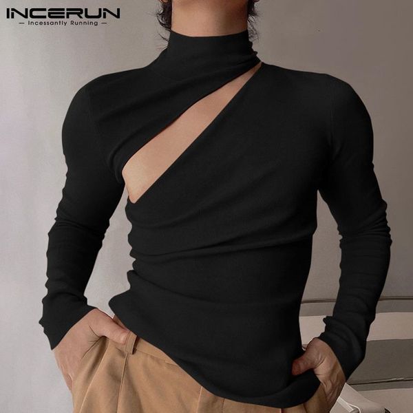 

men's t-shirts fashion men t shirt solid turtleneck long sleeve streetwear hollow out casual men clothing fitness camisetas incerun 5xl, White;black