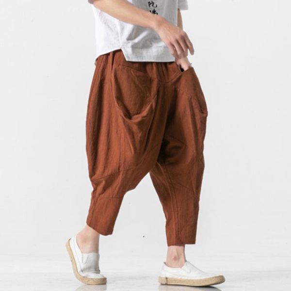 

pants baggy jogging pants solid color men harem pants streetwear casual man jogger pants spring cotton linen fashion men's trousers, Black