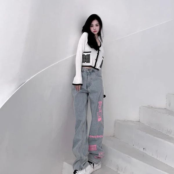 

womens jeans graphic print baggy jeans women clothing high street vintage distressed high waisted jeans woman casual women jeans pants 23050, Blue