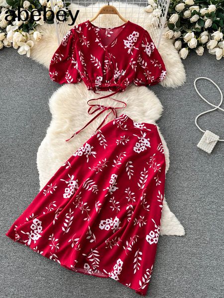 

two piece dress women summer floral sets v neck long print skirt design beach suit holiday elastic waist set 230504, White