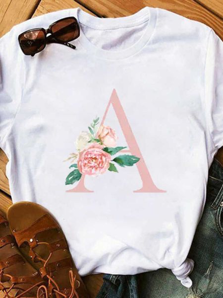 

a to z pink english letter floral print t shirt men short sleeve o neck loose tshirt men tee shirt clothes, White;black