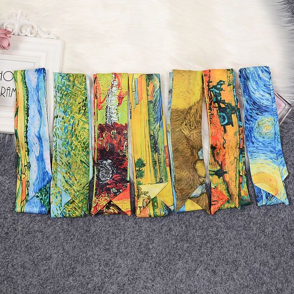 

artistic abstract tie bag handle small silk scarf wholesale van gogh wheat field starry sky printed fashion all-match silk scarf hair band, Blue;gray