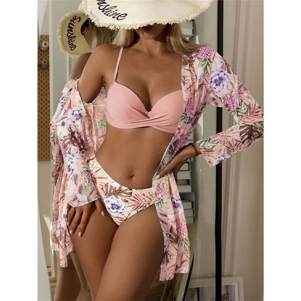 

womens swimwear women floral print bikinis set three piece beach cover up push up summer long sleeve twist swimwear bathing suit 230504, White;black