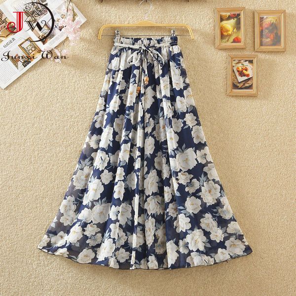 

skirts fashion women summer long spring ladies floral print high waist elegant sweet casual chiffon skirts beach faldas jupe 230504, Black