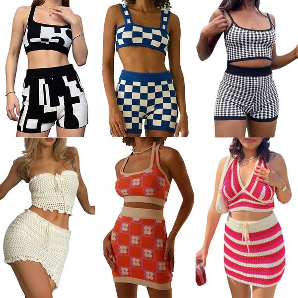 

women's two piece pants chic women 2 piece knitted clothes set vintage plaid sleeveless crop cami skinny shorts pant female sporty trac, White