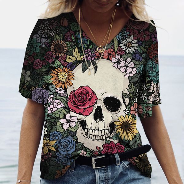

womens tshirt vintage skull womens t shirt 3d printed vneck blouses casual short sleeve pullover summer oversized harajuku clothes tees 230, White