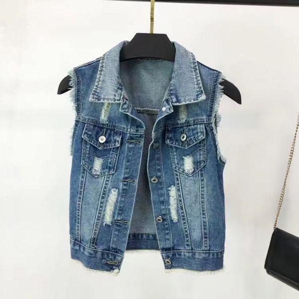 

women's vests 5xl large size sleeveless slim hole jeans jacket waistcoats casual single breasted women denim jacket vest short outerwe, Black;white