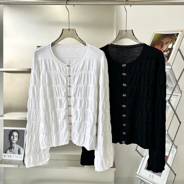 

women's blouses & shirts european designer designs a new casual solid round neck pleated long sleeved thin knit cardigan, White