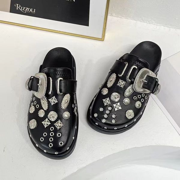 

slippers summer women slippers platform punk rock leather mules creative metal fittings casual party shoes female outdoor slides mona, Black