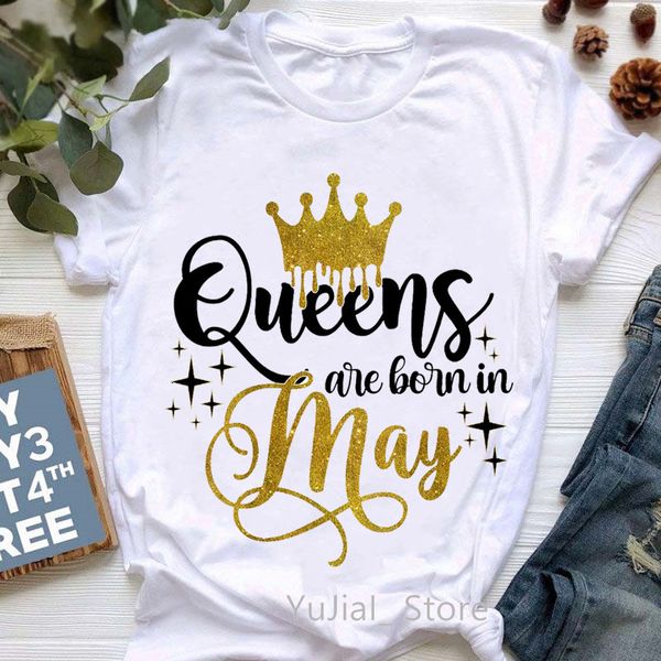 

womens tshirt golden crown queen are born in january to december graphic print tshirt womens clothing tshirt femme birthday gift 230503, White