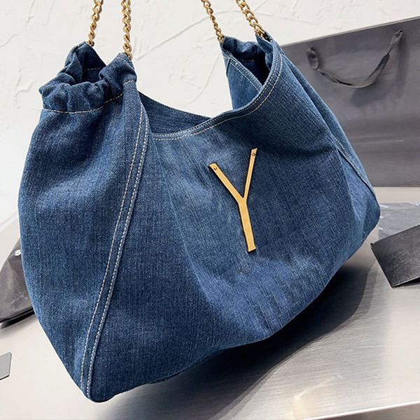 

cowboy totes bag underarm shoulder bags chains denim handbag women purse large capacity shopping bags oversize metal letters hasp hardware p
