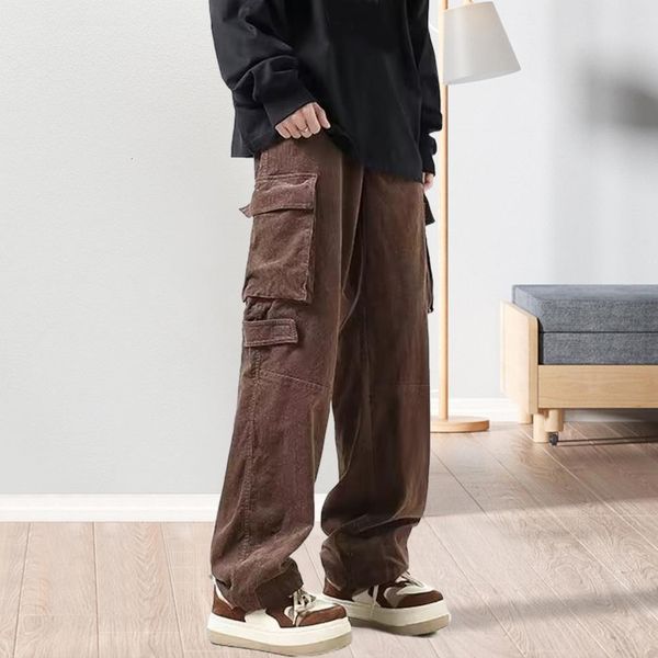 

men's pants men trousers low rise wide leg men cargo pants vintage multiple large pockets pants casual solid color loose men pants for, Black