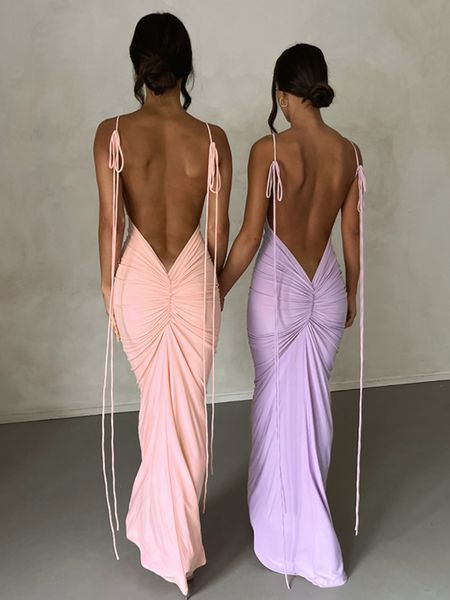 

casual dresses summer backless maxi women spaghetti strap bodycon elegant fashion ruched long evening party 2023 pink 230503, Black;gray