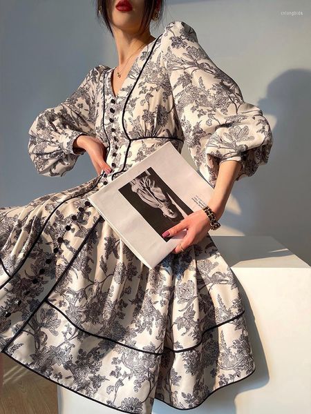 

casual dresses vintage print high waist long midi dress women 2023 spring summer v-neck lantern sleeve button luxury party female vestido, Black;gray