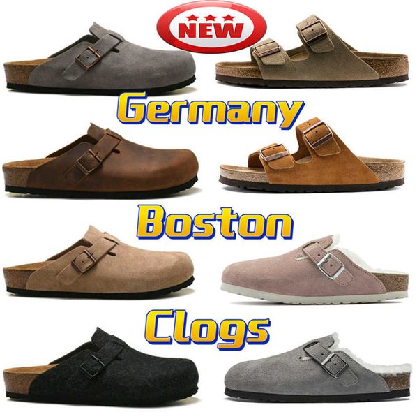 

sandals new designer women boston clogs slippers slides germany cork sandal fur slide mens loafers shoes womens leather suede taupe slipper, Black