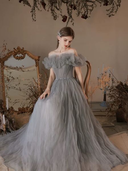

gorgeous gray cocktail dress women pearl pleated strapless off shoulder ruched a-line long formal princess party evening gowns, Black
