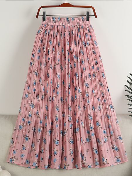 

skirts surmiitro midi long pleated skirt women summer korean fashion pink chiifon floral print a line high waist skirt female 230504, Black