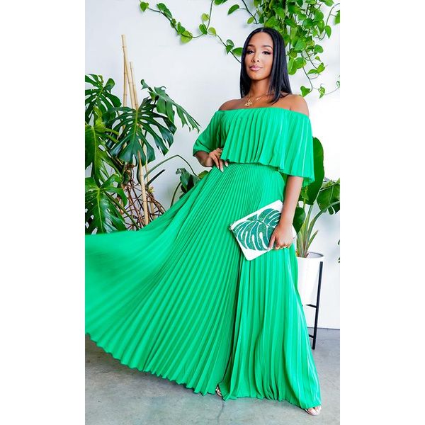 

dresses lfrvz 2022 list young women of quality solid holiday slash neck short sleeve high waist long chiffon pleated dress, Black;gray
