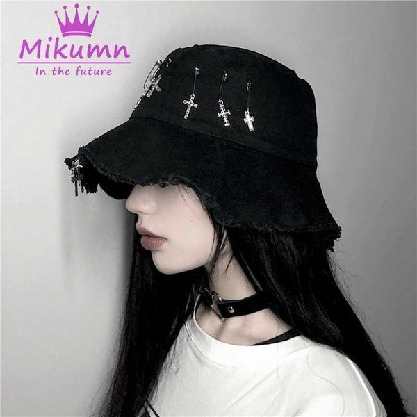 

wide brim hats ins harajuku style dark black cross summer fisherman hat hip hop cap foldable bucket hats men and women streetwear j230503, Blue;gray