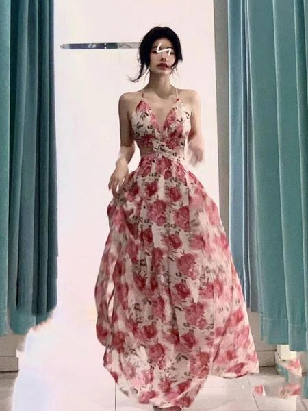 

casual dresses halter v neck hollow out rose print long women fashion sleeveless backless high split elegant ruched holiday summer 230504, Black;gray