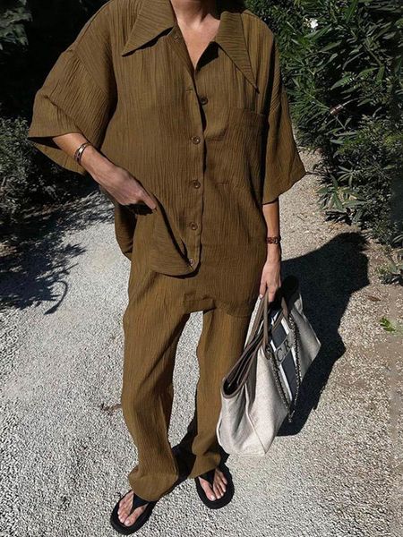 

women s t shirt causal loose women trouser suits short sleeve shirt with high wasit pants 2 piece sets spring pleated elegant brown lady out, White