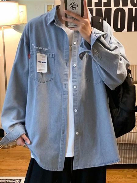 

men's casual shirts gmiixder denim shirt men's long-sleeved korean trend high-end tooling shirt hong kong style japan spring autum, White;black