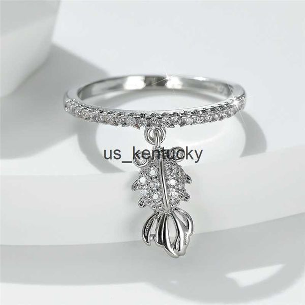 

band rings gold silver color wedding ring female cute small fish pendant ring luxury white zircon stone animal rings for women jewelry